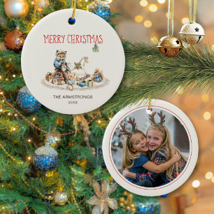 Watercolor Fox Rocking Horse Christmas Photo Ceramic Ornament