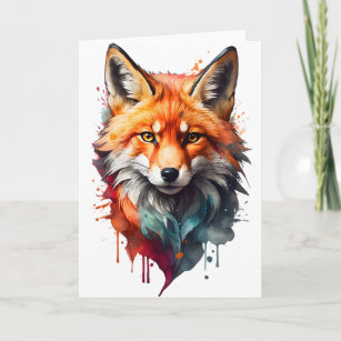Watercolor Fox Splatter Art Portrait Splash Blank Card