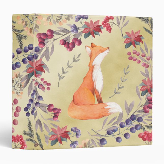 Watercolor Fox Winter Berries Gold Binder (Front/Spine)