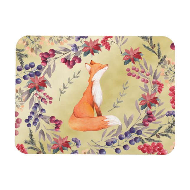 Watercolor Fox Winter Berries Gold Magnet (Horizontal)