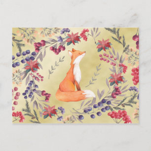 Watercolor Fox Winter Berries Gold Postcard