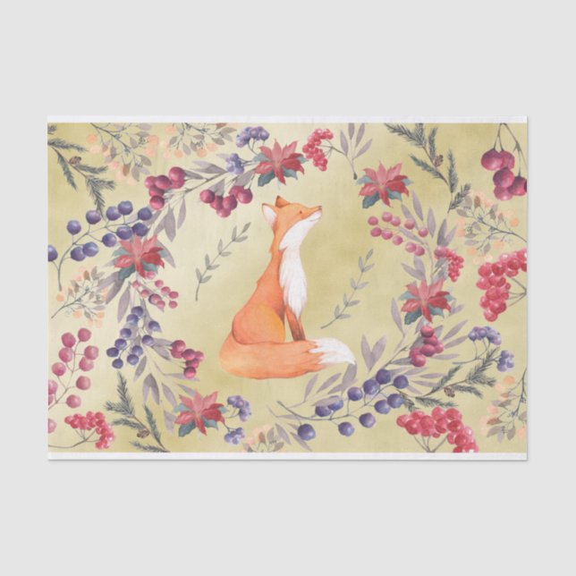 Watercolor Fox Winter Berries Gold Tissue Paper (Front)