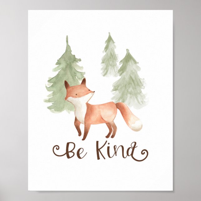 Watercolor Fox Woodland Friends Be Kind Nursery Poster (Front)