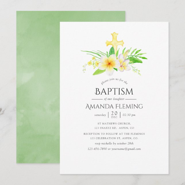 Watercolor Frangipani Baptism or Christening Invitation (Front/Back)