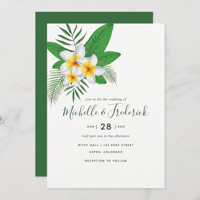 Watercolor Frangipani Beach Wedding Invitation (Front/Back)