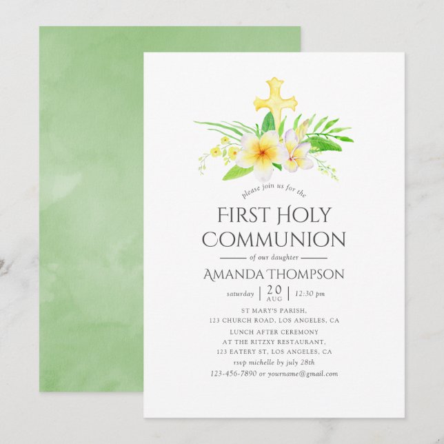 Watercolor Frangipani First Holy Communion Invitation (Front/Back)