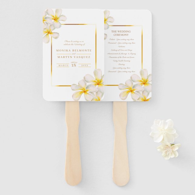 Watercolor frangipani white wedding program hand fan (Front and Back)