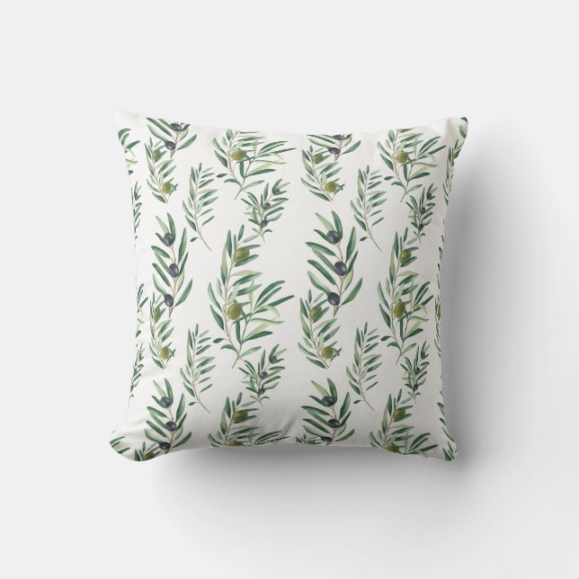 Watercolor French Country Chic Green Olive Pattern Throw Pillow (Front)