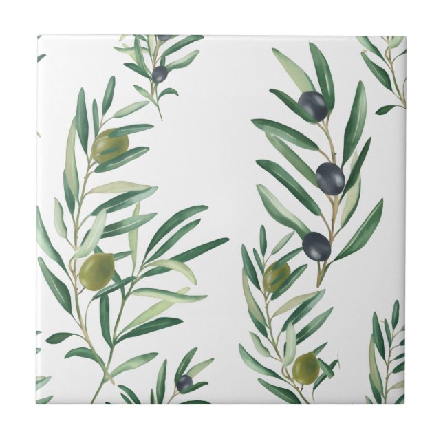 Watercolor French Country Chic Green Olive Pattern Tile (Front)
