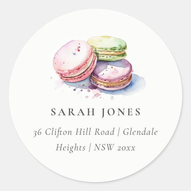 Watercolor French Macarons Bakery Address Classic Round Sticker (Front)