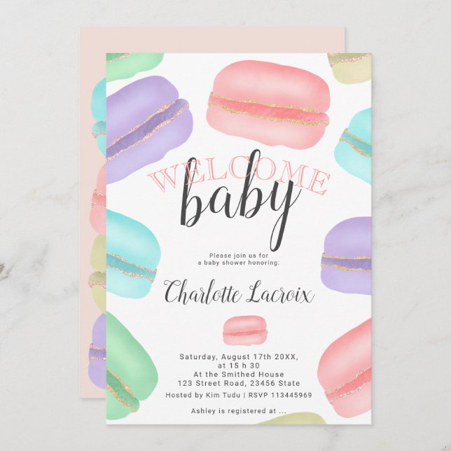 watercolor French macarons glitter baby shower Invitation (Front/Back)