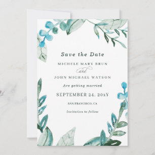 Watercolor Fresh Blue Greenery Leaves Wedding Save The Date