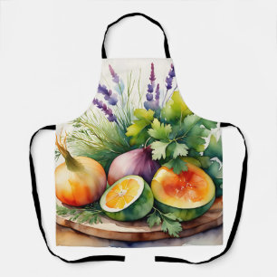 Watercolor Fresh Herbs Citrus Arrangement Apron