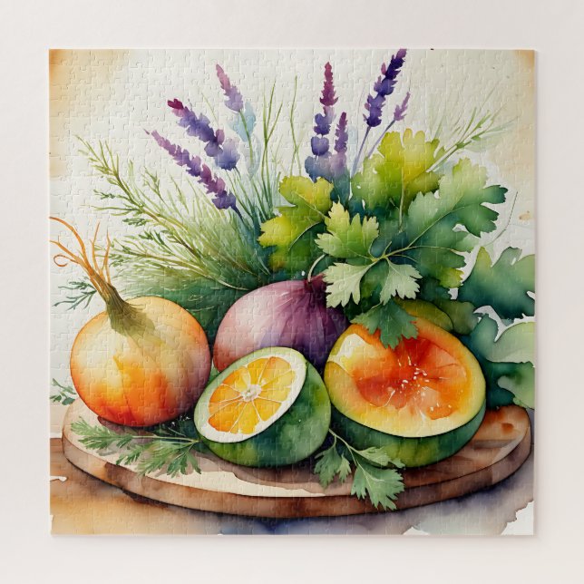 Watercolor Fresh Herbs Citrus Arrangement Jigsaw Puzzle (Vertical)
