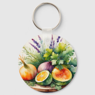 Watercolor Fresh Herbs Citrus Arrangement Keychain