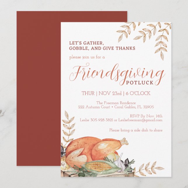 Watercolor Friendsgiving Potluck Diner Invitation (Devant / Derrière)