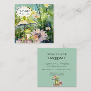  Watercolor Frog Umbrella Rain Teal Square Business Card