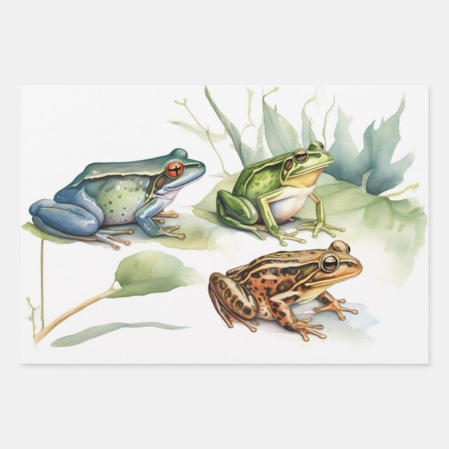 Watercolor Frog with Tropical Flowers Wrapping Paper Sheet (Front)