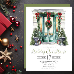 Watercolor Front Door Holiday Open House Invitation