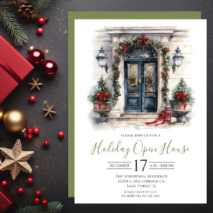 Watercolor Front Door Holiday Open House Invitation