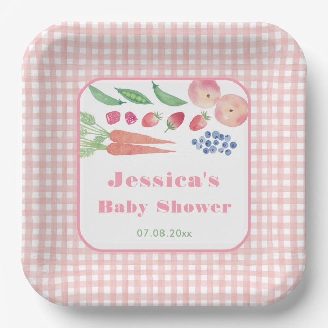 Watercolor Fruit Vegetable Garden Girl Baby Shower Paper Plate (Front)