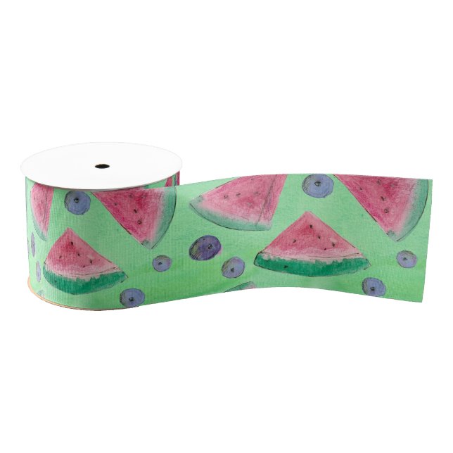 Watercolor Fruit Watermelon Berry Green Grosgrain Ribbon (Spool)