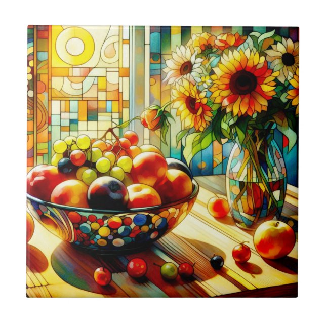 Watercolor Fruits and Flowers Ceramic Tile (Front)