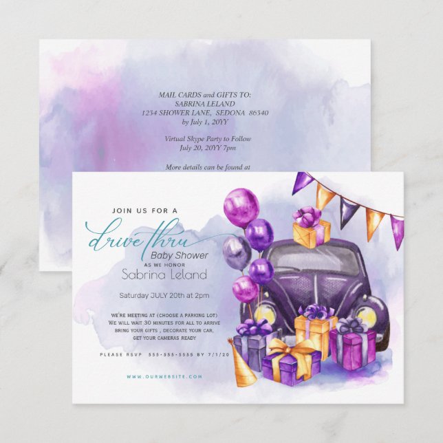 Watercolor Fuchsia Amethyst Drive-Thru Baby Shower Invitation (Front/Back)