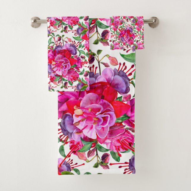 Watercolor Fuchsia Blooms Bath Towel Set (Insitu)