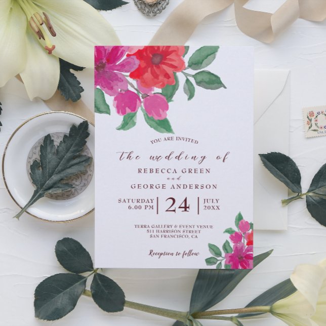 Watercolor Fuchsia Floral Wedding Invitation (Creator Uploaded)