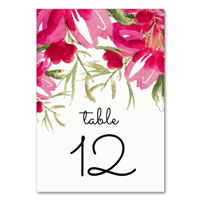 Watercolor Fuchsia Flowers Wedding  Table Number (Front)