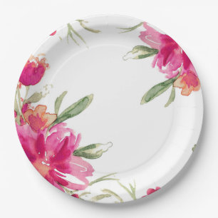 Watercolor Fuchsia Green Floral Graduation Party  Paper Plate