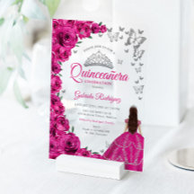 Watercolor Fuchsia Pink Roses Silver Quinceanera