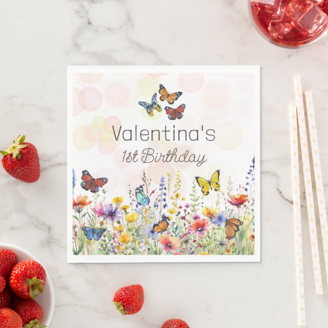 Watercolor Fun Colourful Wildflowers & Butterflies Napkin (Insitu)