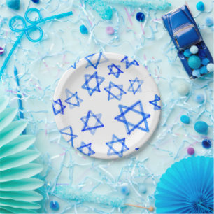 Watercolor Fun Messy Cool Blue Star of David  Paper Plate
