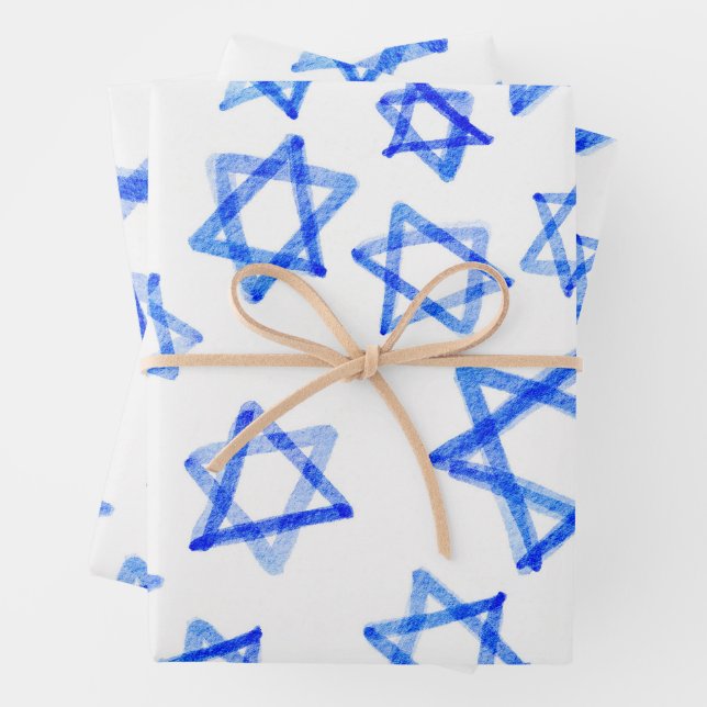 Watercolor Fun Messy Cool Blue Star of David  Wrapping Paper Sheet (In situ)