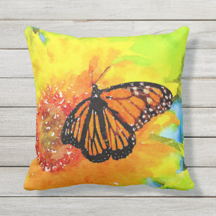 Watercolor Fun Monarch Butterfly On Sunflower Outdoor Pillow