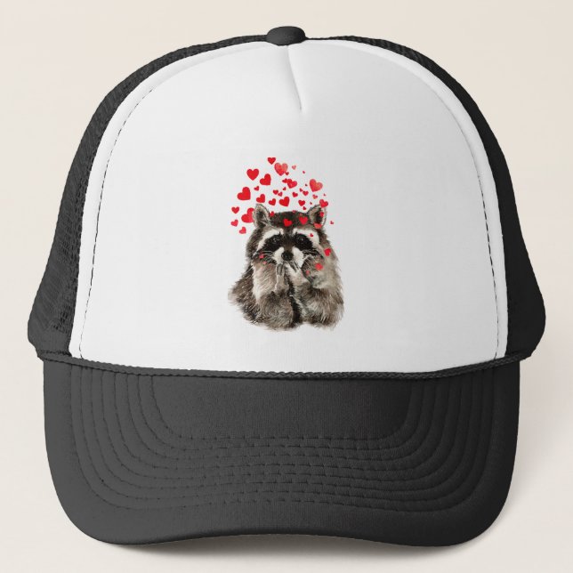 Watercolor Fun Raccoon Blowing Kisses Hearts Trucker Hat (Front)