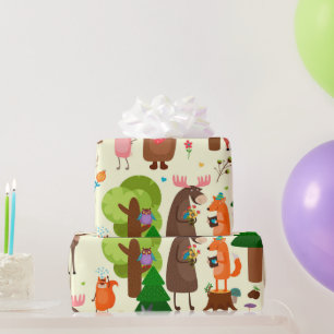 Watercolor Fun Woodland Animal Cartoons Wrapping Paper