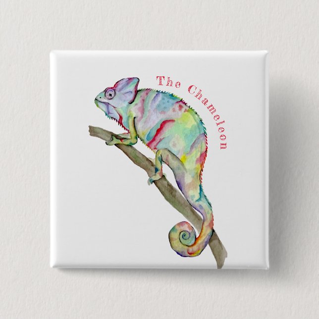 Watercolor funny chameleon 2 inch square button (Front)