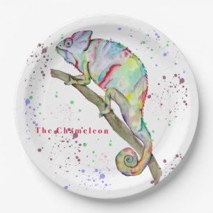 Watercolor funny chameleon paper plate