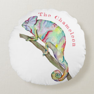 Watercolor funny chameleon round pillow