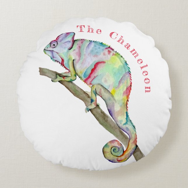 Watercolor funny chameleon round pillow (Front)