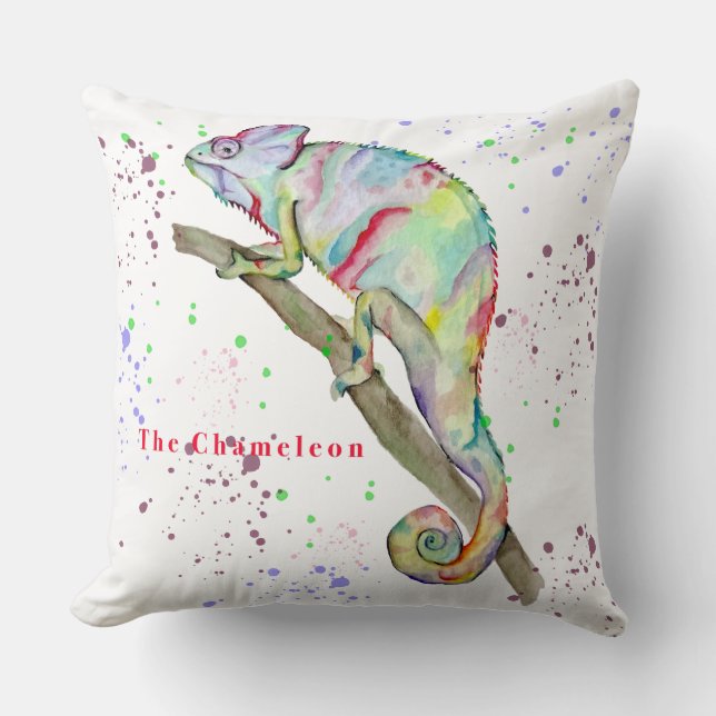 Watercolor funny chameleon throw pillow (Front)