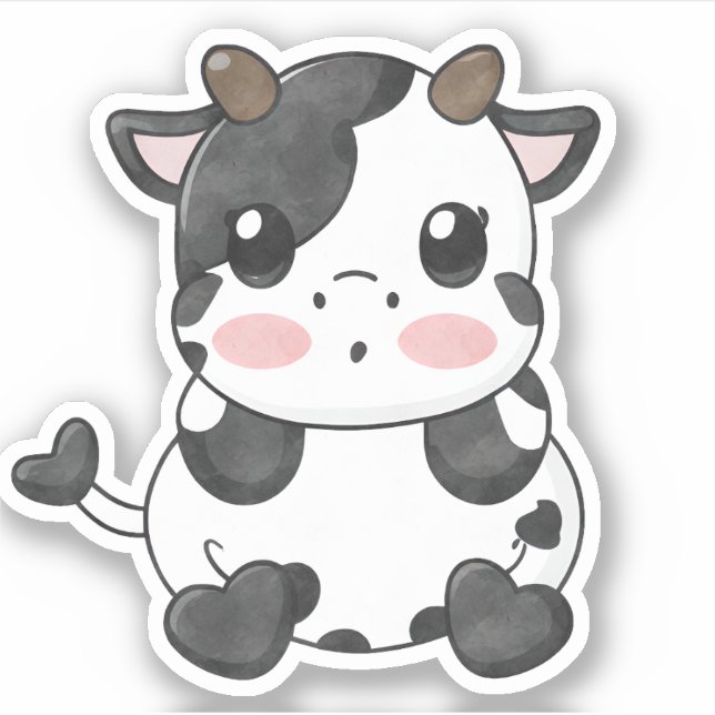 Watercolor Funny Chibi Cute Baby Cow Sticker (Front)
