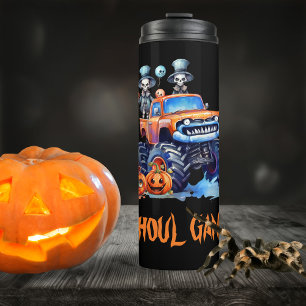 Watercolor Funny Monster Truck Skeletons Halloween Thermal Tumbler