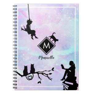 Watercolor Galaxy Cat and Girls Monogram Notebook