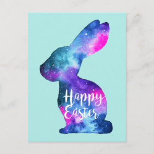Watercolor Galaxy Rabbit Easter Holiday Postcard