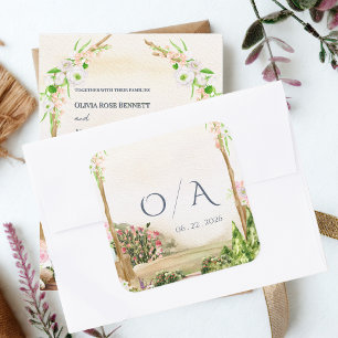 Watercolor Garden Arch Monogram Wedding Square Sticker