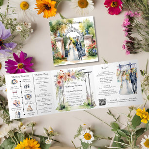 Watercolor Garden Fence Wildflower Wedding QR Code Tri-Fold Invitation